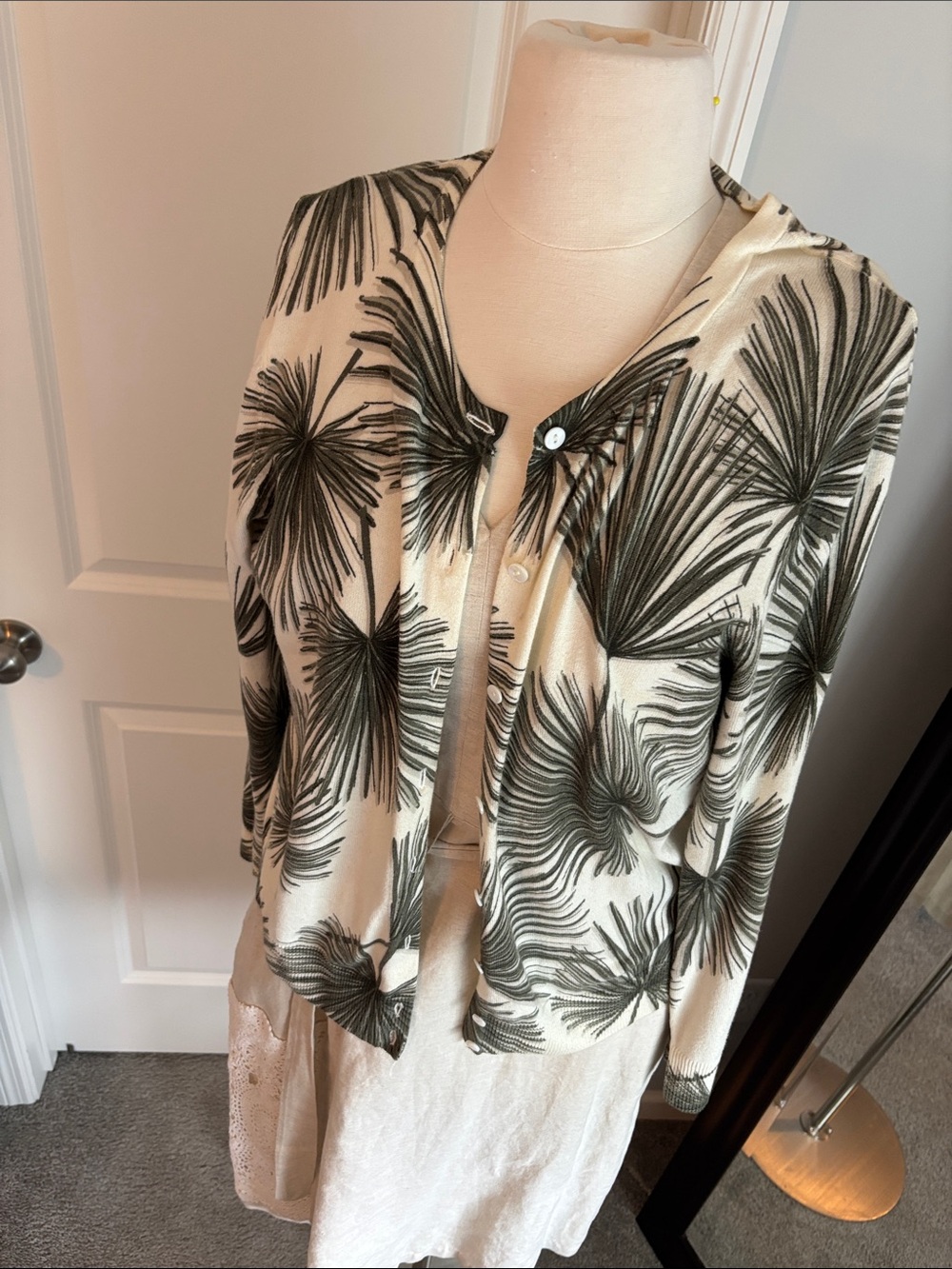 Women's Cream Cardigan with Olive Palm Print